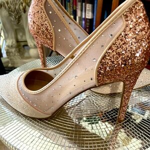 BCBG GENERATION STILETTO HEELS, HIVELA embellished Mesh Pumps Rose Gold